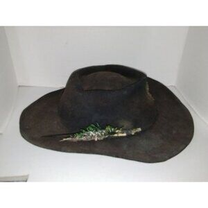 Vintage Black Wool Wide-Brim Hat With Feather Accent & Decorative Emblem
